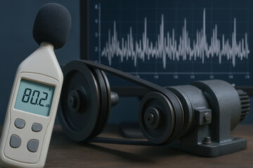 Sound meter measuring noise near belts and machinery with waveform graph in background