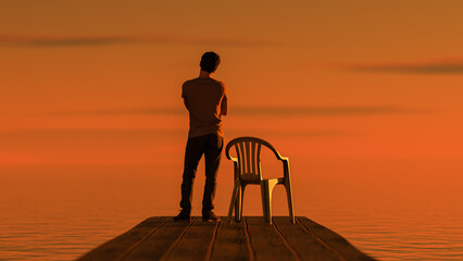 A man stands on a pier and watches the setting sun.
