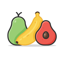 Stylized Still Life Green Pear Yellow Banana and Red Avocado