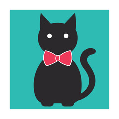 Stylish black cat wearing a red bow tie on a teal background cartoon illustration