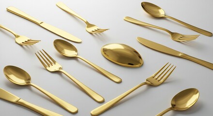 輝く金色のカトラリーセット 上品な光沢 洗練されたデザイン. AI Generated