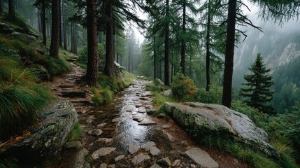 Obraz premium Foggy mountain path surrounded by pine forest nature landscape tranquil environment scenic view