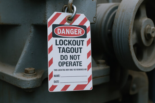 Lockout tagout safety sign hangs on industrial machinery belts to prevent operation and ensure worker protection in hazardous environments