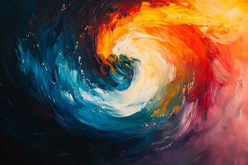 Abstract painting of swirling colors and textures.