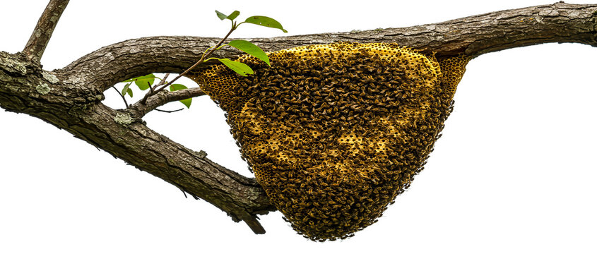 Large honeycomb with swarming bees hanging from tree branch natural environment illustration