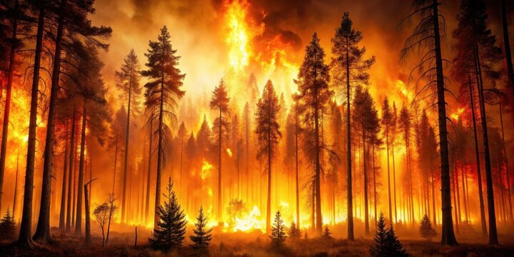 A massive forest engulfed in flames with trees burning fiercely , trees, blaze,  trees, blaze