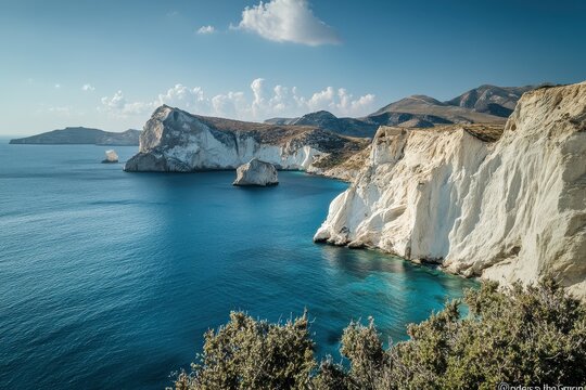 Explore the stunning coastline of Milos island with pristine turquoise waters and majestic cliffs, Greek sea landscape Milos island nature