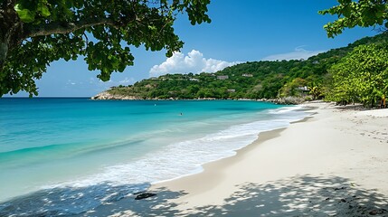 Tropical paradise beach scene with lush vegetation.
