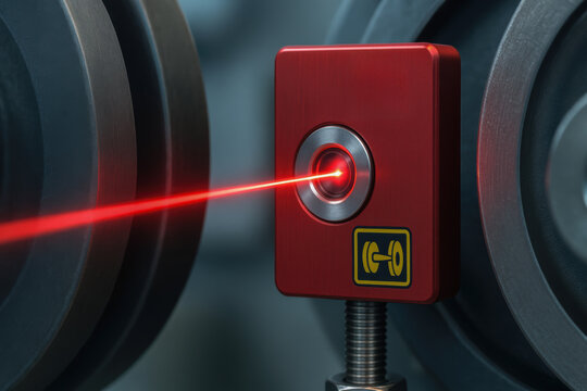 Laser sensor with red beam in industrial machinery belts system for precise alignment and control in manufacturing processes