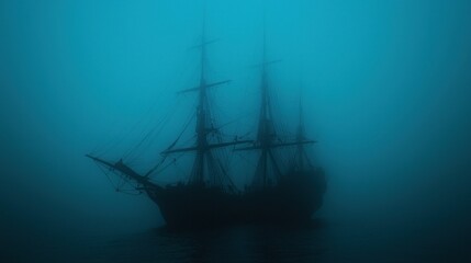 Obraz premium A shadowy sailing ship is floating on misty ocean waters