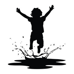 Child playing in a puddle, black and white illustration