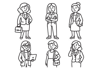 A black and white doodle vector shows six different adult women workers, each with distinct attire and tools reflecting various professional roles.
