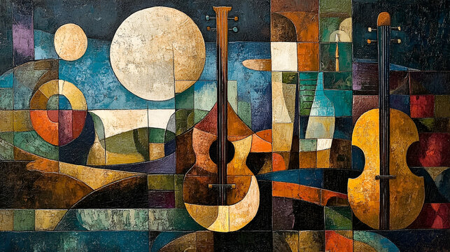 Colorful abstract composition of musical instruments.