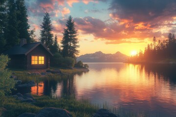 Fototapeta premium Serene animated cabin by tranquil lake at sunset with colorful sky, Animated cabin by a tranquil lake with a colorful sunset view Scenic background concept