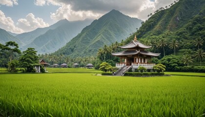 Serene Asian Temple Amidst Lush Rice Paddies and Majestic Mountains