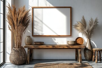 Empty picture frame on a wooden bench in a boho style interior.