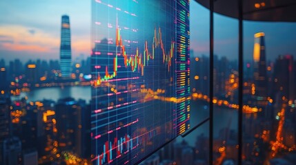 Fototapeta premium Financial data displayed on a large screen overlooking a vibrant cityscape at twilight