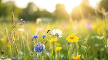 Fototapeta premium Wildflower meadows buzzing with pollinators in an eco-friendly farm