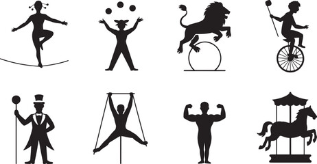 Illustrated silhouettes of circus performers and animals including lion and carousel horse © MOHAMMAD