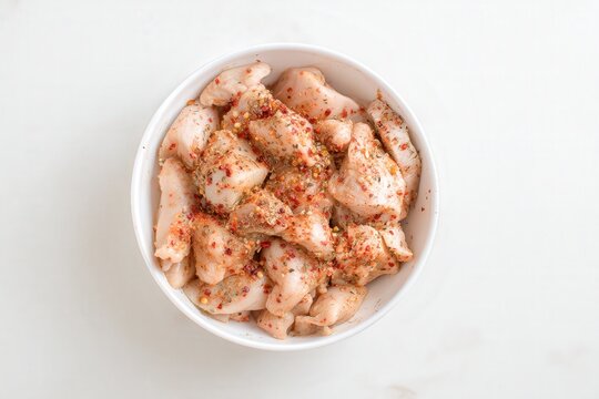 Raw chicken marinated with spices in glass bowl on white background
