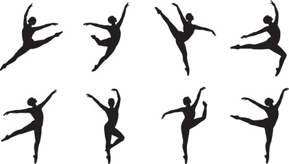 Elegant silhouettes of graceful ballet dancers performing various dance poses and movements