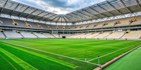 Artificial grass installation at a soccer stadium during construction