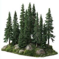 Fototapeta premium Group of pine trees on a small hill on white background