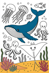 Fototapeta premium Sea animals set collection coloring page for kids