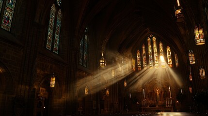 Obraz premium Light streams through stained glass windows in a grand interior space
