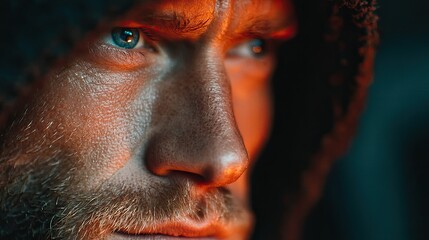 Obraz premium Hacker portrait with glowing screen reflections dark room close-up shot intense expression