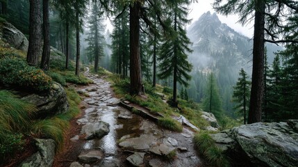 Obraz premium Foggy mountain path through pine forest in nature scenic viewpoint tranquil environment