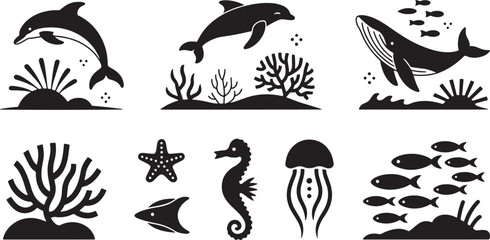 Minimalist silhouette illustration collection of various sea creatures and ocean life