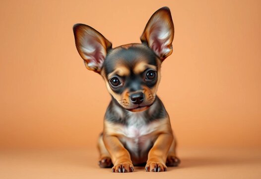 Adorable brown & black mini pinscher puppy with oversized ears sits on brown backdrop,  background,  playful