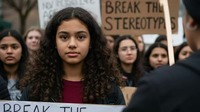 A young Latina girl, approximately 14 years old, stands resolutely at the forefront of a diverse group of protesters in a rally, advocating for equality and against stereotypes.