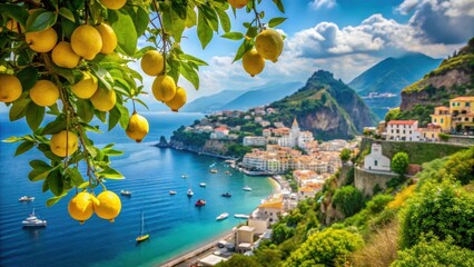 Beautiful view of Amalfi on the Mediterranean coast with lemons in the foreground