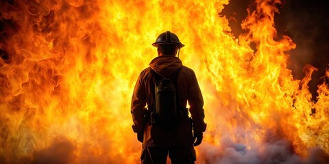 Naklejka premium A silhouette of a firefighter standing against the intense heat and flames in the background, with a sense of determination on their face , firefighters, flames