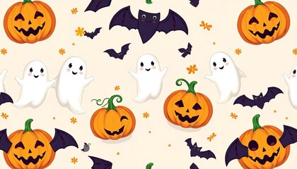 Adorable Halloween seamless pattern featuring friendly ghosts, pumpkins, and bats on a pastel background, pumpkin, wrapping paper