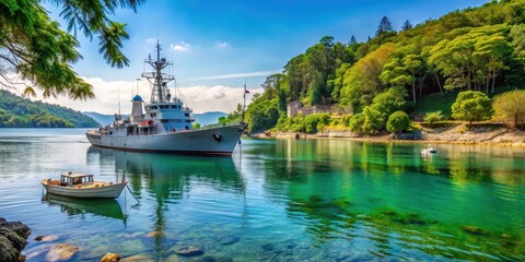 Fototapeta premium A navy ship anchored in a calm sea bay with a fishing boat docked nearby, surrounded by lush greenery and vibrant marine life, fishing boats, marine life