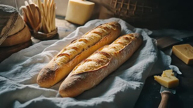 Freshly baked baguettes resting on a linen cloth with cheese and utensils in a rustic kitchen