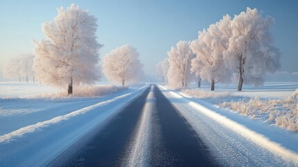 Obraz premium Winter Wonderland Road: A Frosty Morning Drive