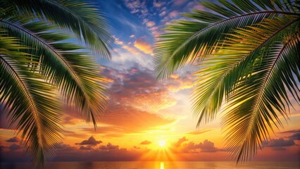 Palm tree leaves floating gently in the sky at sunset, serene, palm tree,  serene,palm tree, tropical