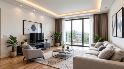 Modern living room with large windows, elegant plants, stylish furniture, and contemporary decor features