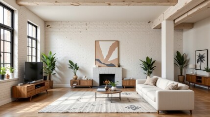 Modern Living Room Interior with Minimalist Design and Natural Elements in Bright Space