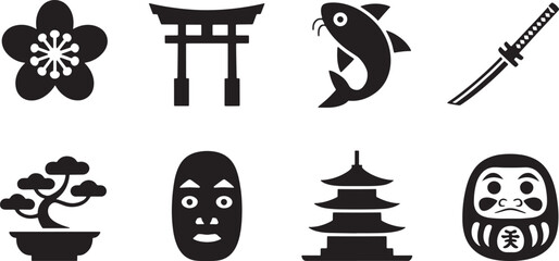Naklejka premium Vector illustration of japanese icons including flowers pagodas and traditional elements