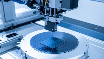 A robotic arm precisely places a microchip on a silicon wafer.