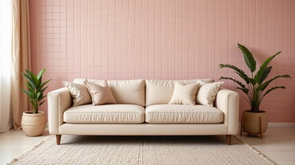 Cozy and Modern Living Room Furniture with Neutral Sofa and Decorative Plants on Pink Wall Background