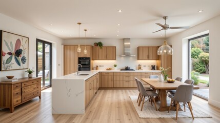 Fototapeta premium Elegant modern kitchen interior design with wooden cabinets and bright open space for family dining and gatherings