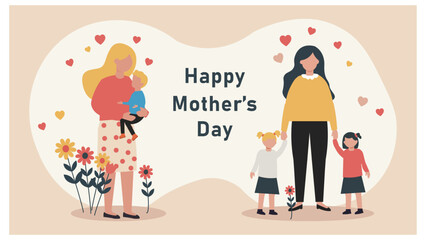 Happy Mother's Day Vector Banner Illustration - Mothers with Children