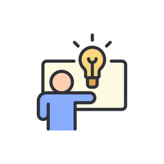 Person presenting creative solution with a lightbulb on whiteboard concept