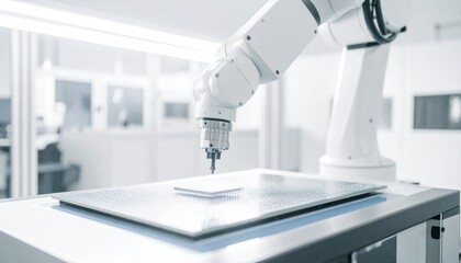 A robotic arm precisely places a microchip on a silicon wafer.